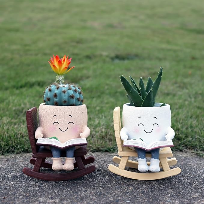 Cute Head Planters Face Pots, Adorable Human Face Planter Reading Books Flower Vase for Indoor Outdoor Plants, Unique Plant Holder Succulent Cactus Pots