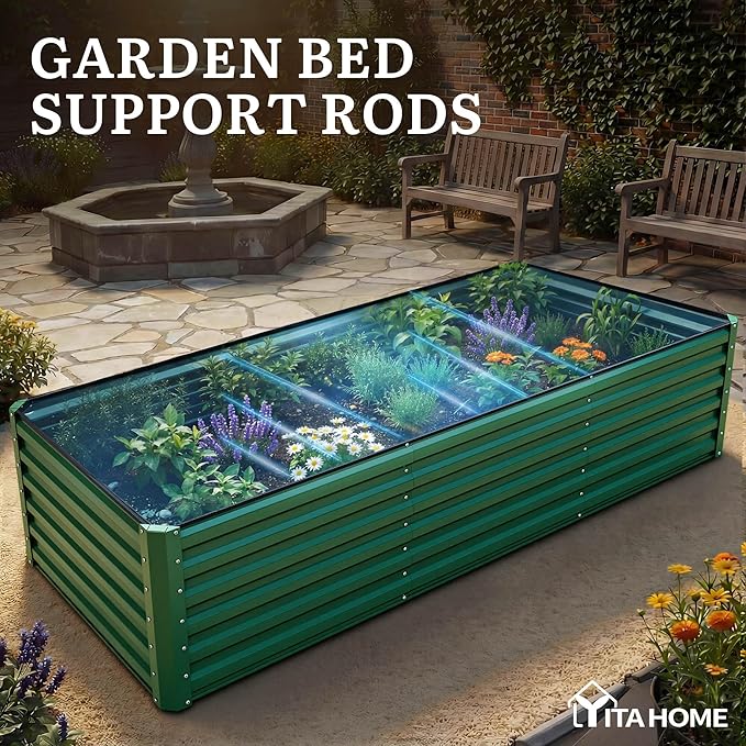 YITAHOME 4pcs 8x4x2 ft Galvanized Raised Garden Bed Kit, Large Metal Planter Box with Gloves, Safety Rubber & Support Rod, Outdoor Flower Bed for Plants Vegetables, Green