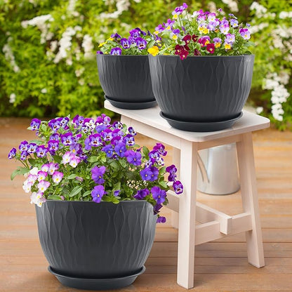 12/10/9 inch Plant Pots, 3 Pack Flower Pots for Outdoor Indoor Garden Plants, Large Planters with Multi Mesh Drainage Holes and Saucer (Black, 12"+10"+9")