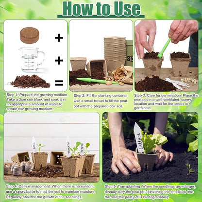 500 Sets Seedling Starter Kit with Square Peat Pots 2.36", Organic Coco Coir Pellets 30 mm, Labels, & Transplant Tools, Biodegradable Nursery Pot with Drainage Hole Potting Soil for Plant