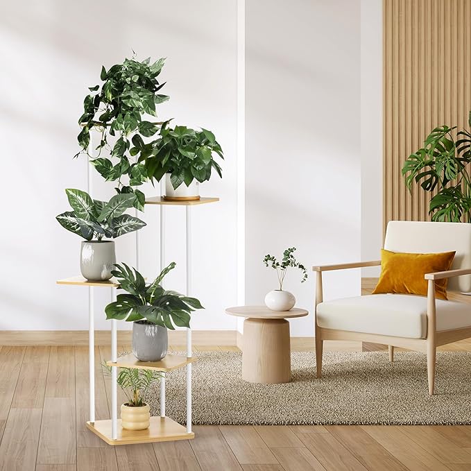 5 Tier Plant Stand Indoor Outdoor, Wood Metal Corner Shelf, Multiple Flower Pot Rack Holder Shelves, Planter Shelf Display Storage Organizer for Patio Living Room Balcony (White)