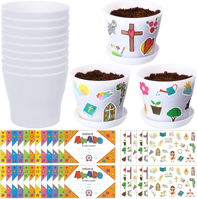 Domensi 30 Set Flower Pot Craft for Kids Bulk Spring Craft 4 Inch Garden Plastic DIY Plant Pot with Tray 30 Sheet Christian Sticker and 30 Certificates Card for Classroom School Mother's Day(White)