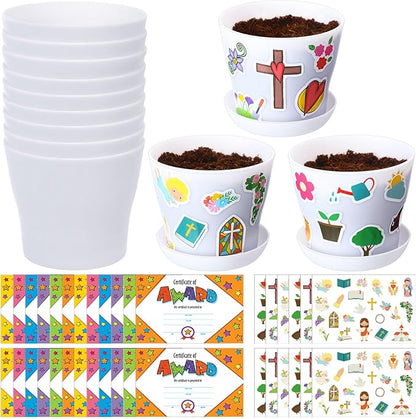 Domensi 30 Set Flower Pot Craft for Kids Bulk Spring Craft 4 Inch Garden Plastic DIY Plant Pot with Tray 30 Sheet Christian Sticker and 30 Certificates Card for Classroom School Mother's Day(White)