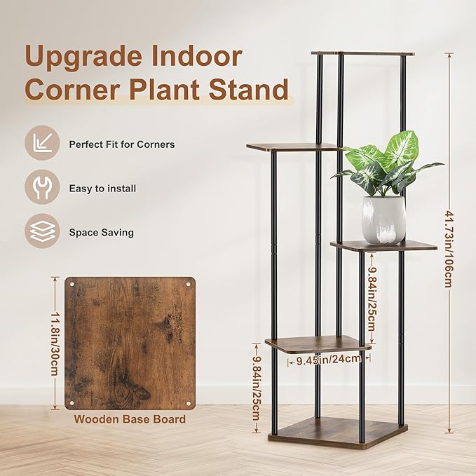5 Tier Plant Stand Indoor Outdoor, Wood Metal Corner Shelf, Multiple Flower Pot Rack Holder Shelves, Planter Shelf Display Storage Organizer for Patio Living Room Balcony (Black)