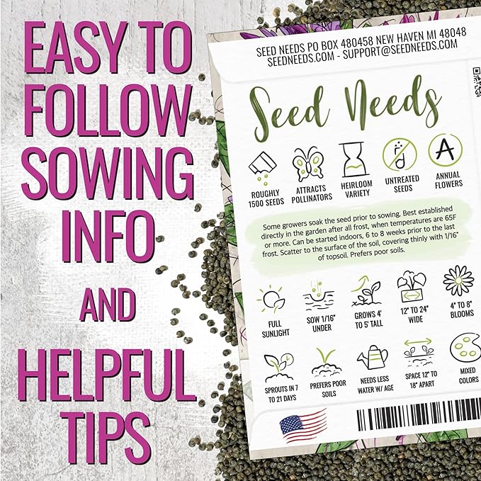 Seed Needs Cleome Seeds for Planting Spider Plants - Heirloom & Open Pollinated Wildflower Seeds to Grow a Butterfly Garden to Attract Pollinators (5 Packs)