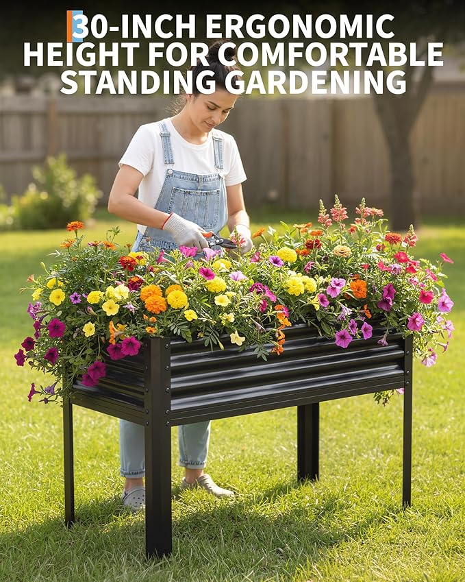Large Raised Garden Bed with Legs, 48×24×32 in Galvanized Elevated Planter Box for Backyard, Patio, Balcony, 400lb Capacity, Black