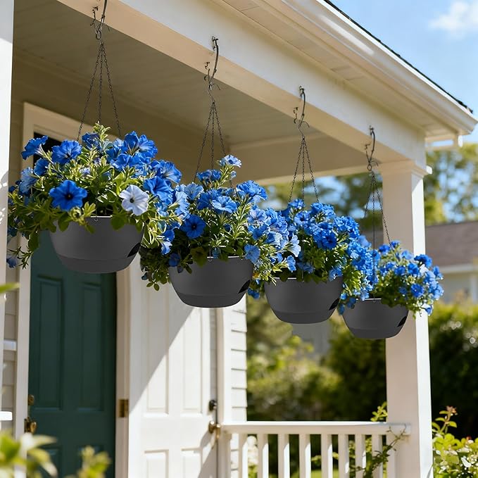 Set of 4-8 Inch Self Watering Hanging Planters for Indoor Outdoor，Hanging Plant Pots with Drainage & Removable Tray, Hanging Pots Holder for Ivy, Pothos, Ferns, Balcony & Patio, Black