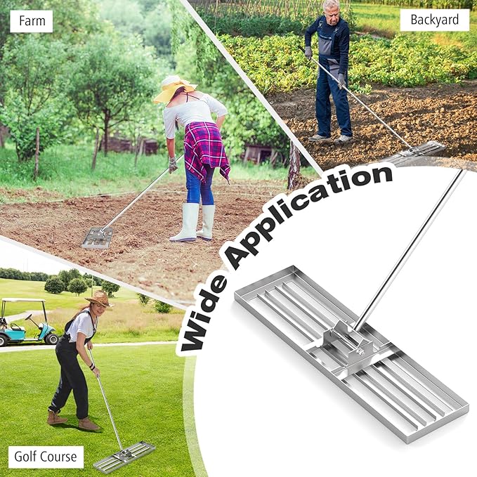 36" x 10" Lawn Leveling Rake, Heavy Duty Landscape Rake with 67" Handle, Non-Slip Grip & Flat Head, Space-Saving Lawn Level Tool for Garden, Backyard, Golf Course & Sports Field(Silver)