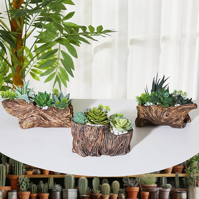 3 Pcs Driftwood Stump Log Concrete Planter Driftwood Planter Succulent Pot Plant Pot for Succulents for Outdoor Indoor Home Patio Garden Decoration (Classic)