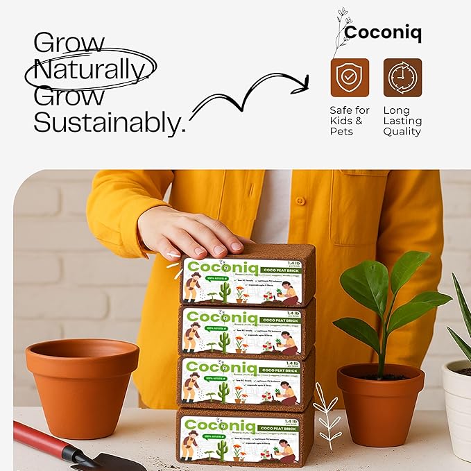 Premium Coco Coir Bricks 4 Pack - Lightweight Cocopeat for Garden Soil, Compressed Coconut Fiber Brick for Potting, Gardening, Planting, Seed Starting, Indoor & Outdoor Plants, Set of 4