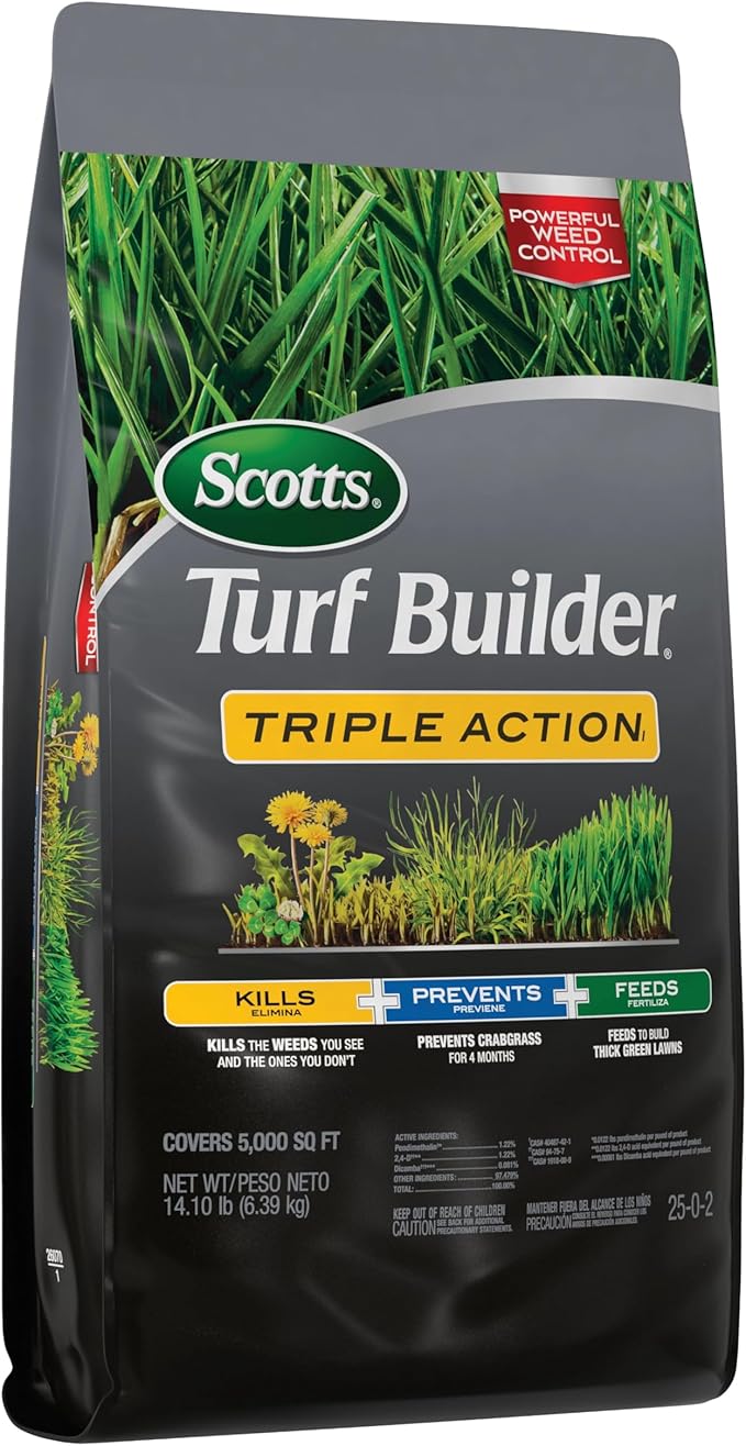 Scotts Turf Builder Triple Action1, Combination Weed Control, Weed Preventer, and Fertilizer, 25-0-2, 5,000 sq. ft., 14.10 lbs.