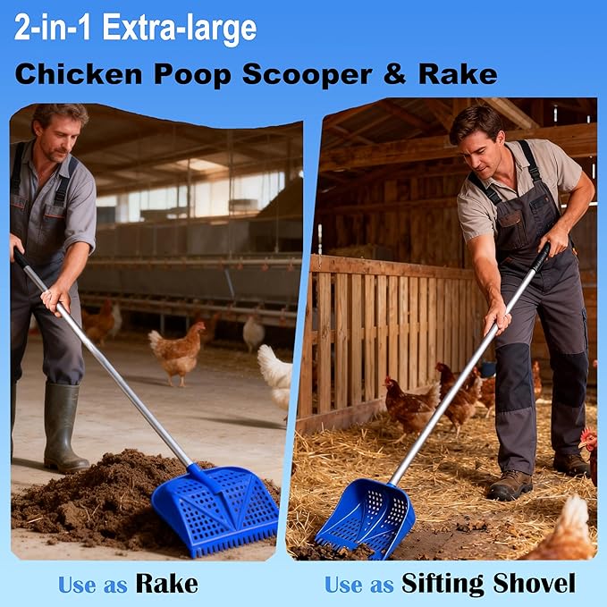 11.8inch Heavy Large 2-in-1 Chicken Poop Scooper & Rake,Adjustable Aluminum Handle（20–61"） Chicken Coop Scoop– Litter Scoop Sand & Sifting Shovel for Chicken Coops Shoveling Snow(Green)
