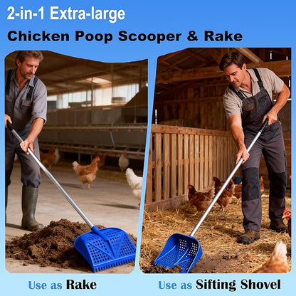 11.8inch Heavy Large 2-in-1 Chicken Poop Scooper & Rake,Adjustable Aluminum Handle（20–61"） Chicken Coop Scoop– Litter Scoop Sand & Sifting Shovel for Chicken Coops Shoveling Snow(Green)