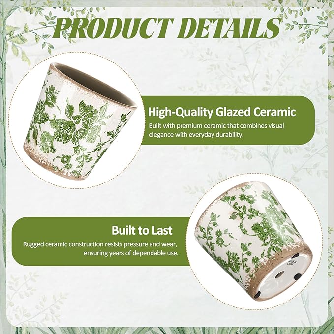 Farmhouse Ceramic Planter 5.1 Inch Large Plants Pot Crack Beige Green Floral Vine Plant Pots with Drainage Hole Indoor Plants Kitchen Rustic Antique Decor Gift