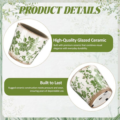 Farmhouse Ceramic Planter 5.1 Inch Large Plants Pot Crack Beige Green Floral Vine Plant Pots with Drainage Hole Indoor Plants Kitchen Rustic Antique Decor Gift