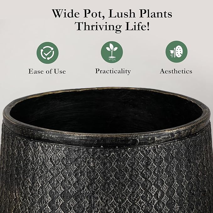 Worth 14.5" Round Planter, Lightweight Magnesium Oxide Cement Plant Pot, Raised Pattern Concrete Look with Drainage Hole for Indoor/Outdoor Use, Black