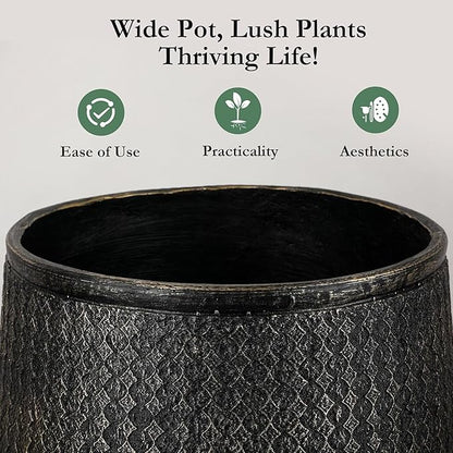 Worth 14.5" Round Planter, Lightweight Magnesium Oxide Cement Plant Pot, Raised Pattern Concrete Look with Drainage Hole for Indoor/Outdoor Use, Black