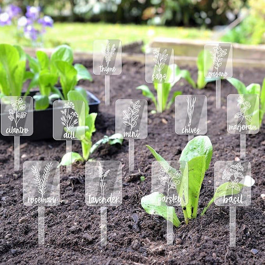 Whaline 24Pcs Acrylic Plant Label Signs 12 Styles Planted Herb Garden Markers Transparent Waterproof Plant Stake Tags with Herb Names for Nursery Indoor Outdoor Garden Decoration