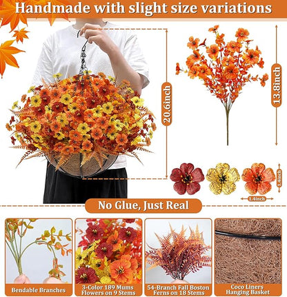Artificial Fake Hanging Baskets Fall Flowers for Outdoors Decoration, 189 Silk Mums & 54 Boston Ferns UV Resistant Look Real Faux Plants for Outside Yard Patio Porch Garden Balcony Home Autumn Decor