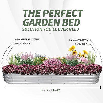 1MORE Galvanized Raised Garden Bed- Planter Garden Boxes Outdoor, Raised Beds for Gardening, 8x2x1ft Metal Garden Bed Kit for Vegetables Flower, Planter Raised Beds with Protective Tape & Tools.Silver