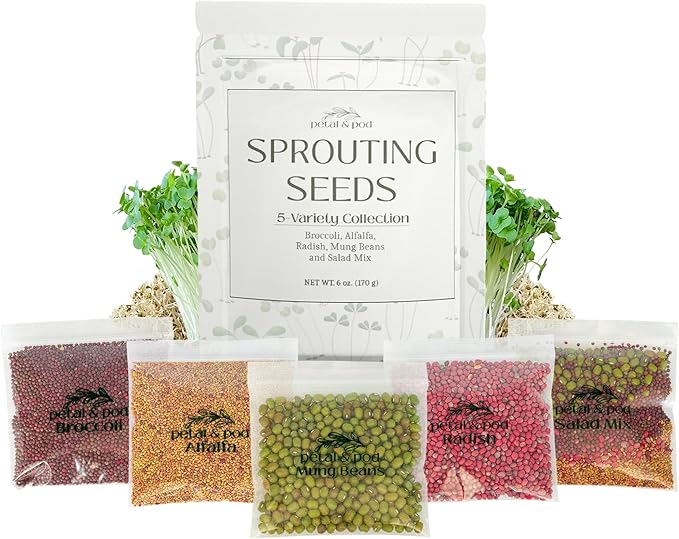 Petal & Pod Microgreens & Sprouting Seeds - Broccoli, Alfalfa, Radish, Mung Bean & Salad Mix Variety Pack for MicroGreens Growing Kit and Sprouting Jars