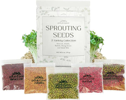 Petal & Pod Microgreens & Sprouting Seeds - Broccoli, Alfalfa, Radish, Mung Bean & Salad Mix Variety Pack for MicroGreens Growing Kit and Sprouting Jars
