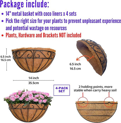 LaLaGreen Outdoor Wall Planters, 4 Pack, 14 Inch Large Balcony Planter Railings Hanging, Rail Flower Basket with Coco Liner English Horse Trough Black Metal Wire Succulent Pot Holder Deck Porch Garden