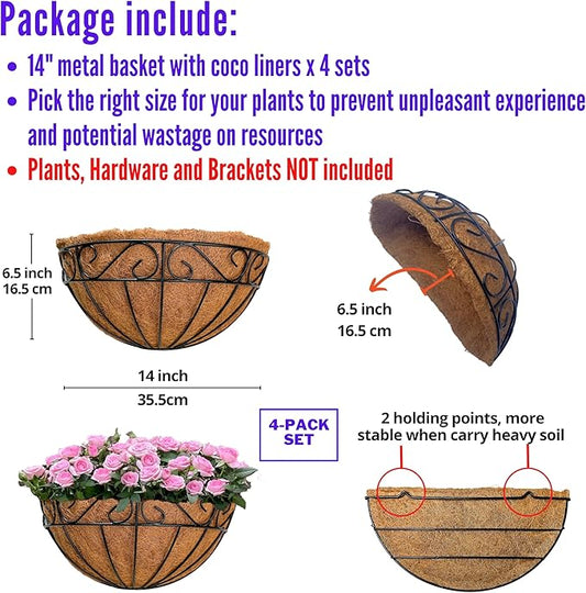 LaLaGreen Outdoor Wall Planters, 4 Pack, 14 Inch Large Balcony Planter Railings Hanging, Rail Flower Basket with Coco Liner English Horse Trough Black Metal Wire Succulent Pot Holder Deck Porch Garden