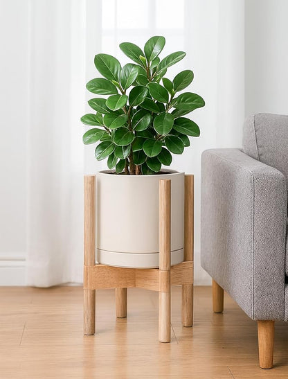 D'vine Dev Ceramic Planter with Natural Stand - 8 Inch Modern Round Flower Pot with Wood Planter Holder, Oatmeal, 55-B-N-8