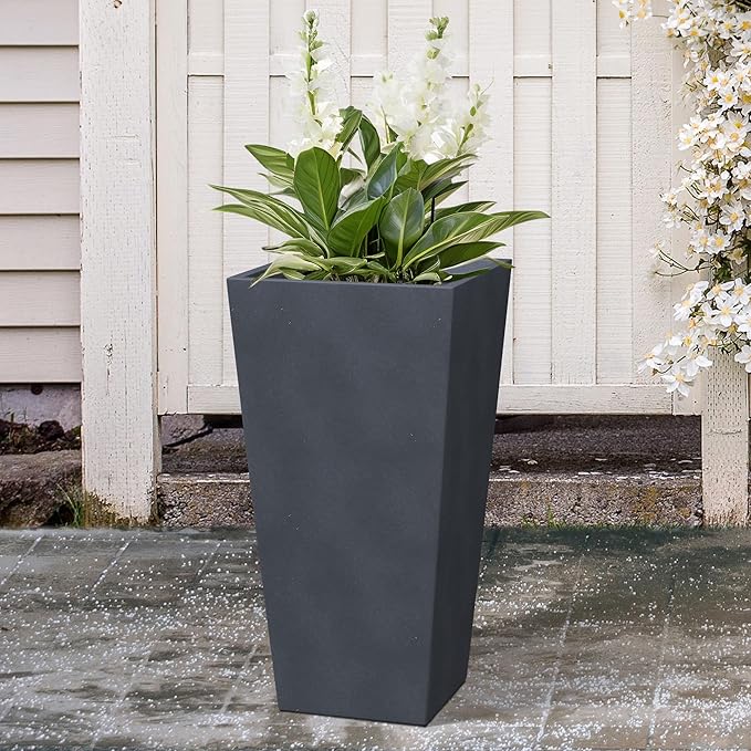 Kante 24.4" H Concrete Tall Tapered Planter, Large Outdoor Indoor Garden Plant Pot with Drainage Hole and Rubber Plug Home and Patio, Dark Gray