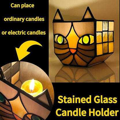 Unique Stained Glass Gray Cat Planter, Plant Pots Indoor,Indoor Flower Pots with Drainage,Window Sill Cat Decoration Gift,4.6x5.15x3IN
