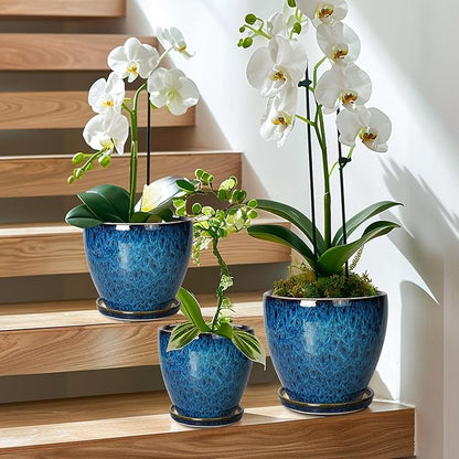 Plant Pots Indoor, Ceramic Planters Pots with Drainage Holes and Saucers, 10+8+6 Inch, Set of 3, Round Large Flower Pots for Indoor Outdoor Plants, Blue