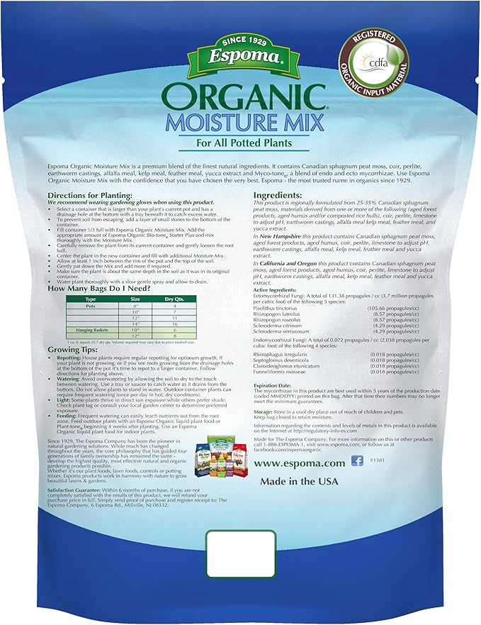 Espoma Organic Moisture Mix Potting Soil - All Natural Potting Mix for All Indoor & Outdoor Containers for Organic Gardening, 8 qt. Bag. Pack of 2
