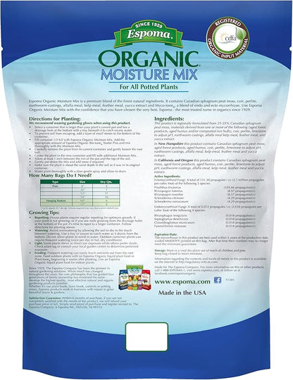 Espoma Organic Moisture Mix Potting Soil - All Natural Potting Mix for All Indoor & Outdoor Containers for Organic Gardening, 8 qt. Bag. Pack of 2