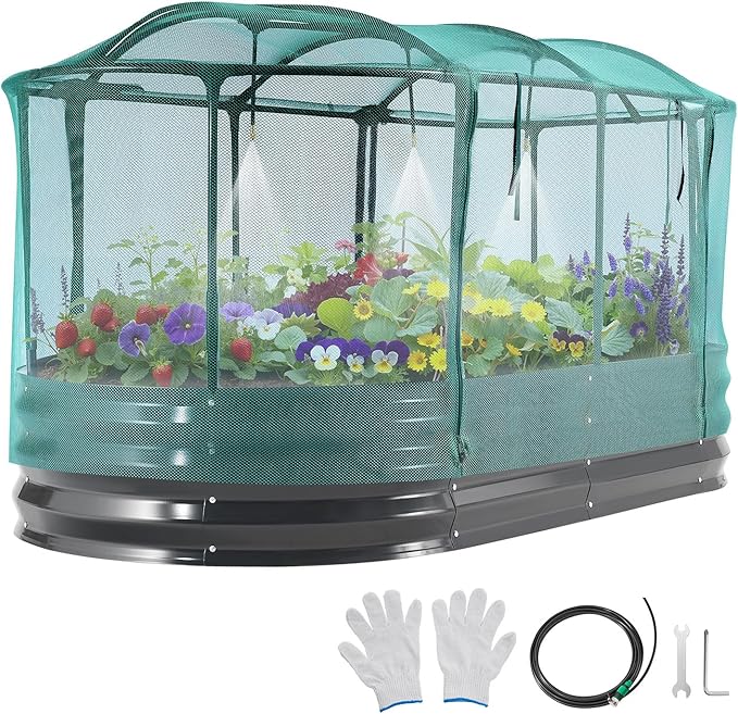 VEVOR 6x3x1FT Metal Raised Garden Bed Kit with Self Watering System and Mesh Cover, Oval Outdoor Galvanized Planter Raised Beds for Gardening Planting Flowers Fruits Vegetables