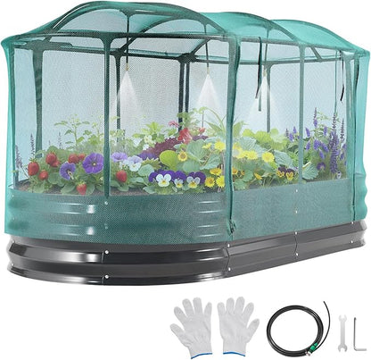 VEVOR 6x3x1FT Metal Raised Garden Bed Kit with Self Watering System and Mesh Cover, Oval Outdoor Galvanized Planter Raised Beds for Gardening Planting Flowers Fruits Vegetables