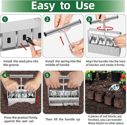 Soil Blocker 2 Inch 4 Cell Upgraded Soil Block Maker Heavy Duty with Comfortable Handle and 3 Sizes Seed Pins Handheld Soil Blocking Tool for Seed Starting transplanting Germination