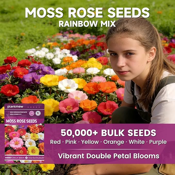 Moss Rose Seeds Bulk Pack - 50,000+ Non-GMO Heirloom Portulaca Seeds for Planting Outdoors, Rainbow Color Mix, Drought-Tolerant Ground Cover & Container Flowers, USDA Zones 2-11