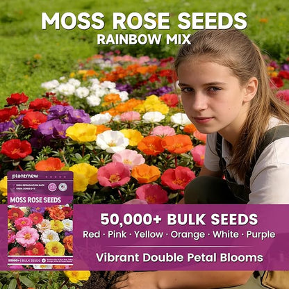Moss Rose Seeds Bulk Pack - 50,000+ Non-GMO Heirloom Portulaca Seeds for Planting Outdoors, Rainbow Color Mix, Drought-Tolerant Ground Cover & Container Flowers, USDA Zones 2-11