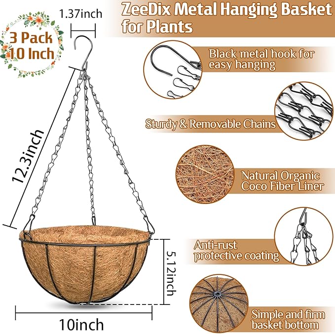 ZeeDix 3 Pack 10 Inch Metal Round Hanging Planter Basket with Coconut Liners Replacement, Hanging planters Baskets with Natural Coco Liner for Outdoor Indoor Planters Flowers Vegetables