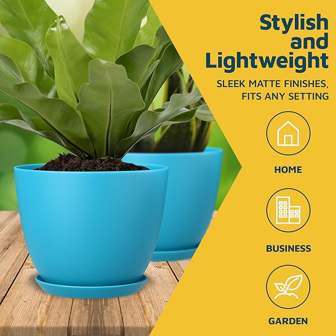 Blue Plant Pots with Drainage Holes & Saucers 10 Pack, Indoor & Outdoor Stackable Space-Saving Planters for Houseplants & Flowers, (7", 6.7", 6", 5.3", and 4.8" Inches), Durable & Weatherproof