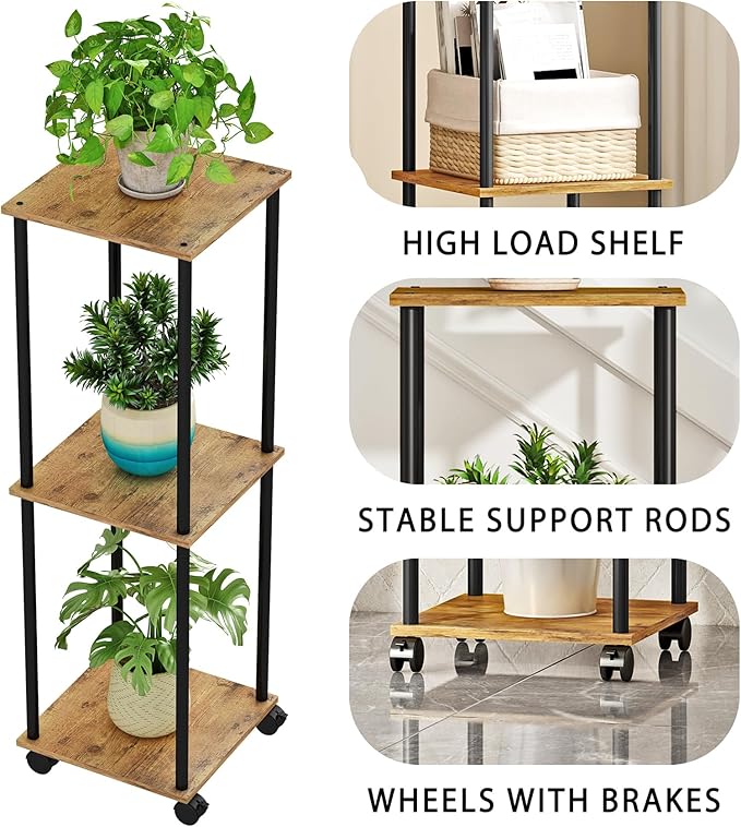 3 Tier Tall Plant Stand Indoor with Wheels, Movable Plant Shelf Metal Wood Multiple, Flower Pot Holder for Living Room Office Balcony Patio, Rustic Brown