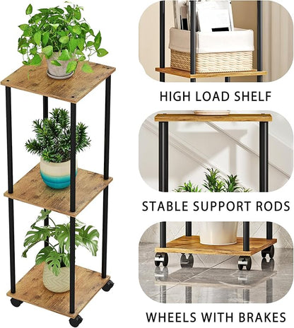 3 Tier Tall Plant Stand Indoor with Wheels, Movable Plant Shelf Metal Wood Multiple, Flower Pot Holder for Living Room Office Balcony Patio, Rustic Brown