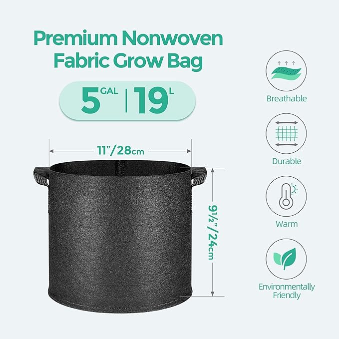 T4U 5-Pack 5 Gallon Fabric Grow Bags with 5-Pack 3 Gallons Heavy Duty Nonwoven Pots Grow Bags