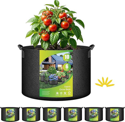 HealSmart 10 Gallon 6 Pack Nonwoven Grow Bags, Aeration Fabric Pots with Handles, Heavy Duty Garden Grow Pots for Tomato Vegetables Flowers, 6 Plant Labels, Black