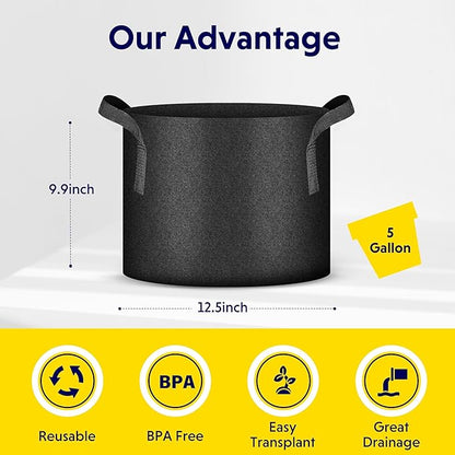 iPower 5-Gallon 10-Pack Plant Grow Bags Nonwoven Fabric Pots Aeration Container with Strap Handles for Garden and Planting, 5 Gallon, Black