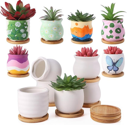Remerry 18 Pcs 3.5 Inch Mini Succulent Pots with Bamboo Tray White Ceramic Pots Color Your Own DIY Small Planters Containers for Flower Cactus with Drainage Hole for Plant Lover