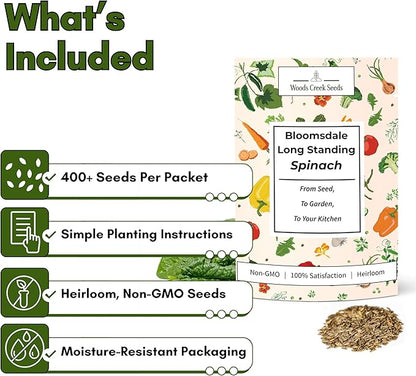 Bloomsdale Long Standing Spinach Seeds for Planting – Heirloom Spinach Seeds for Home Gardens, Tender Baby Spinach Leaves, Cold Hardy Variety for Spring & Fall Growing | Woods Creek Seeds