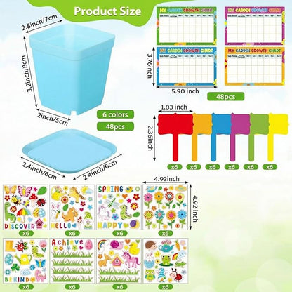 Capoda 48 Sets Garden Flower Pots Crafts Kit DIY Spring Plastic Seedling Nursery Pots with Stickers Plant Labels Growth Charts Planting Growing Tools Classroom Activities Project Gifts (Square)