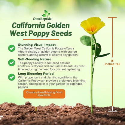 Outsidepride Golden West California Poppy Seeds - 5000 Pieces Annual, Drought Tolerant Eschscholzia Wildflower Seed w/Vibrant Yellow Blooms for Pollinator-Friendly Garden & Outdoor Landscapes